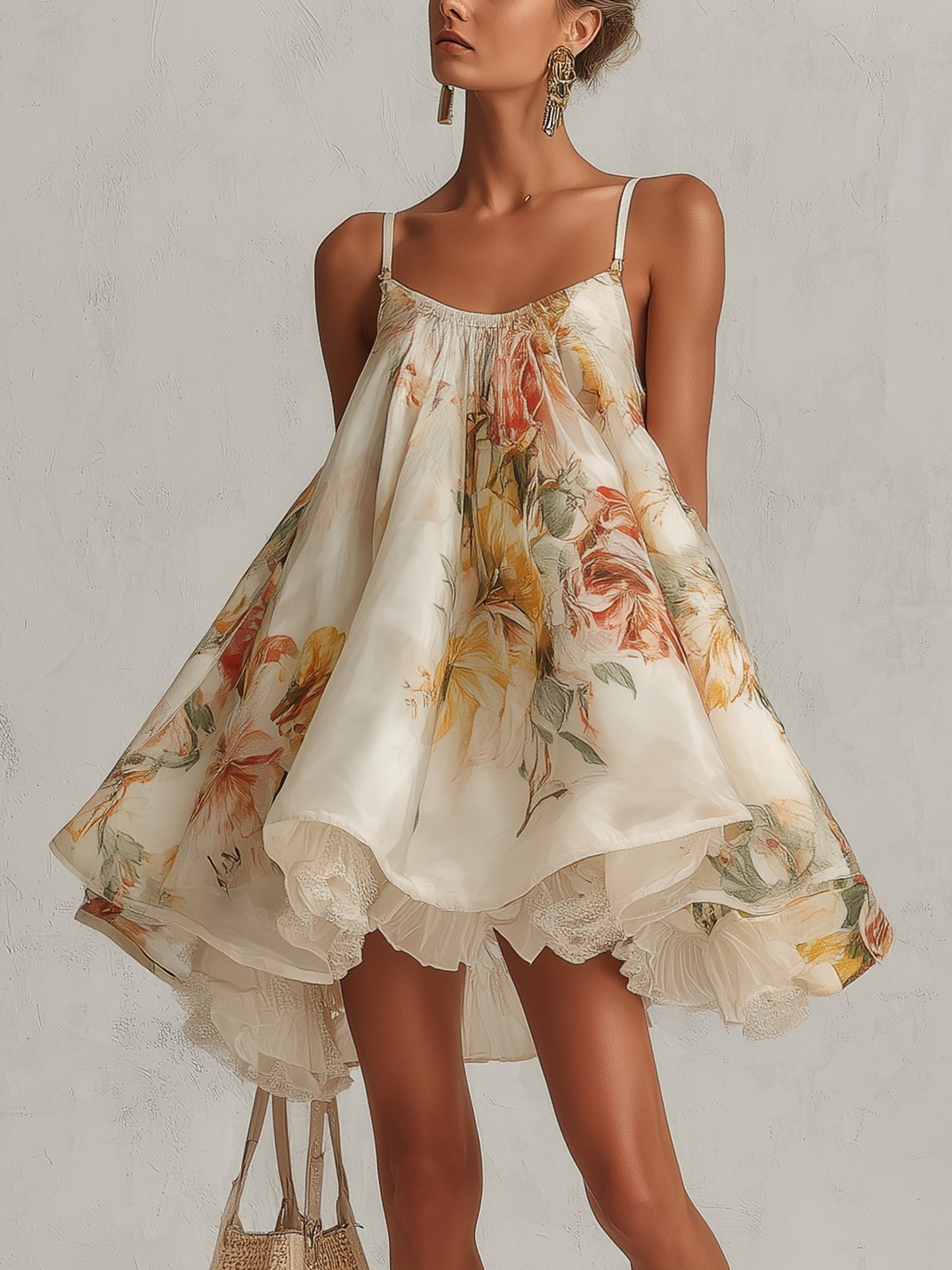 Minivestido Evasé de Organza Floral Beige con Detalles de Encaje