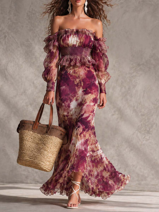 Valeria | Vestido largo de gasa rosa con estampado floral y hombros al descubierto