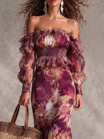 Valeria | Vestido largo de gasa rosa con estampado floral y hombros al descubierto