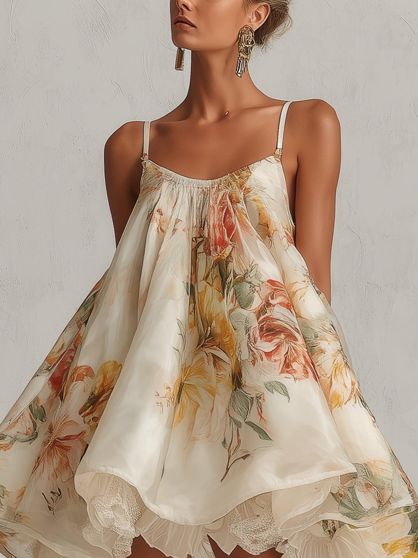 Minivestido Evasé de Organza Floral Beige con Detalles de Encaje