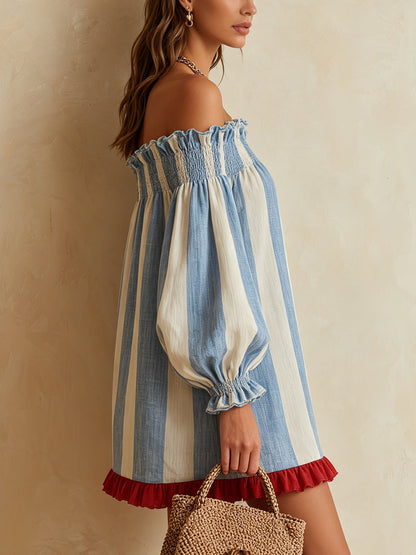 Minivestido de Rayas Azul y Blanco con Hombros Descubiertos y Bajo en Contraste
