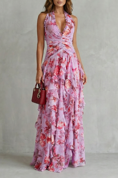 Rosalía | Vestido Largo Floral con Escote Halter