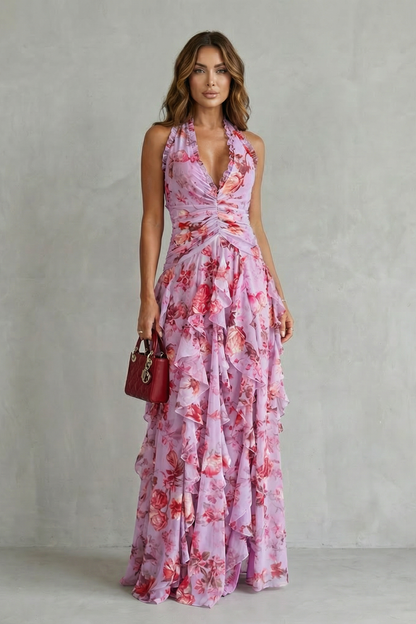 Rosalía | Vestido Largo Floral con Escote Halter