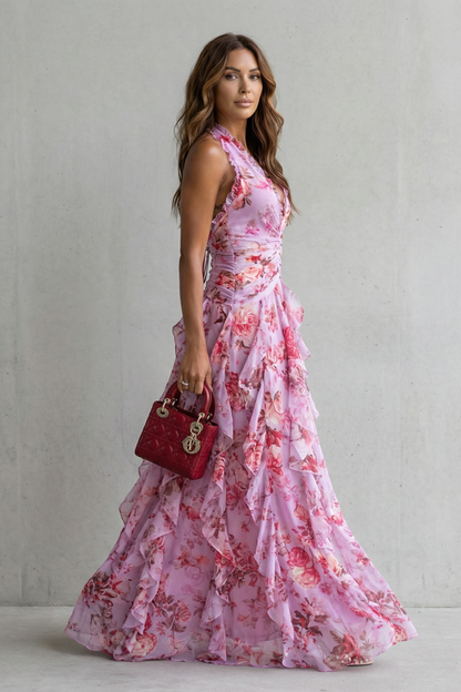 Rosalía | Vestido Largo Floral con Escote Halter