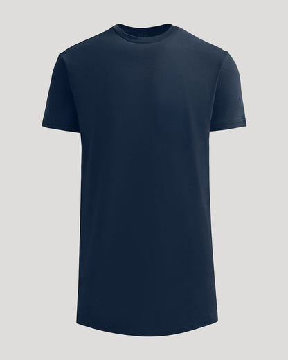 Camiseta de manga larga azul marino de tejido grueso con dobladillo curvo.