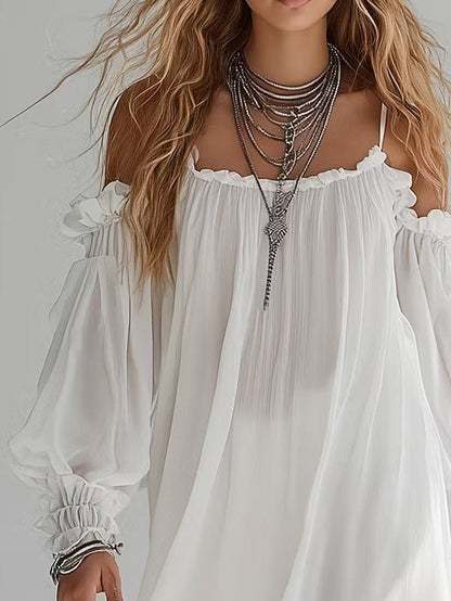 Minivestido Bohemio Fluido con Hombros Descubiertos