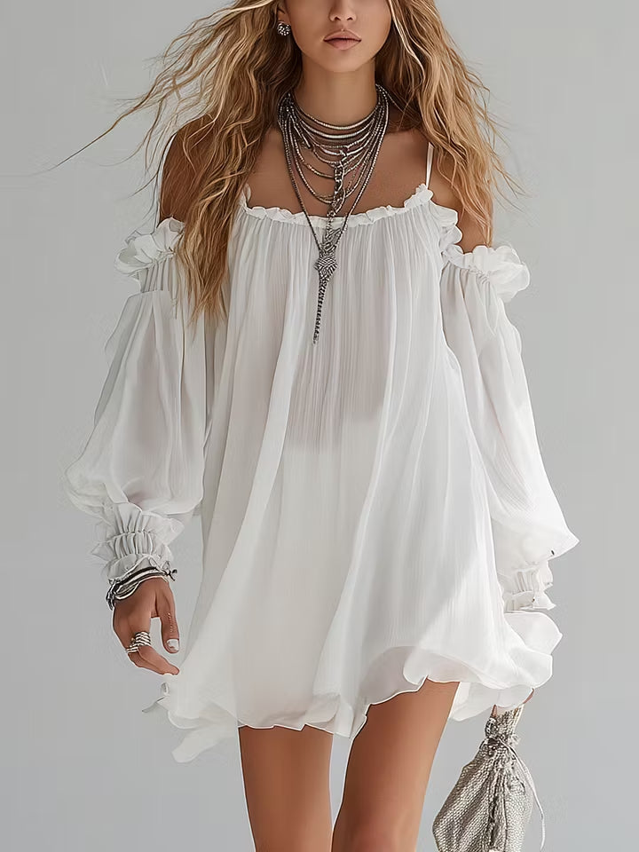 Minivestido Bohemio Fluido con Hombros Descubiertos