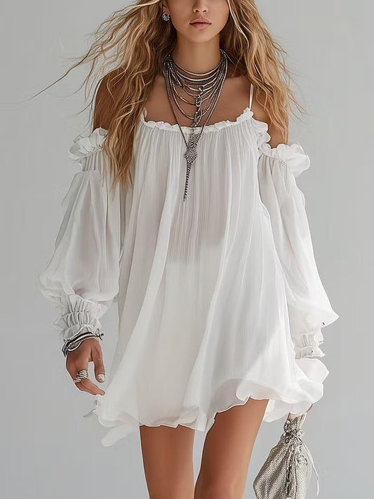 Minivestido Bohemio Fluido con Hombros Descubiertos