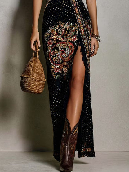 Victoria | Vestido estampado de estilo bohemio con escote pronunciado y abertura alta