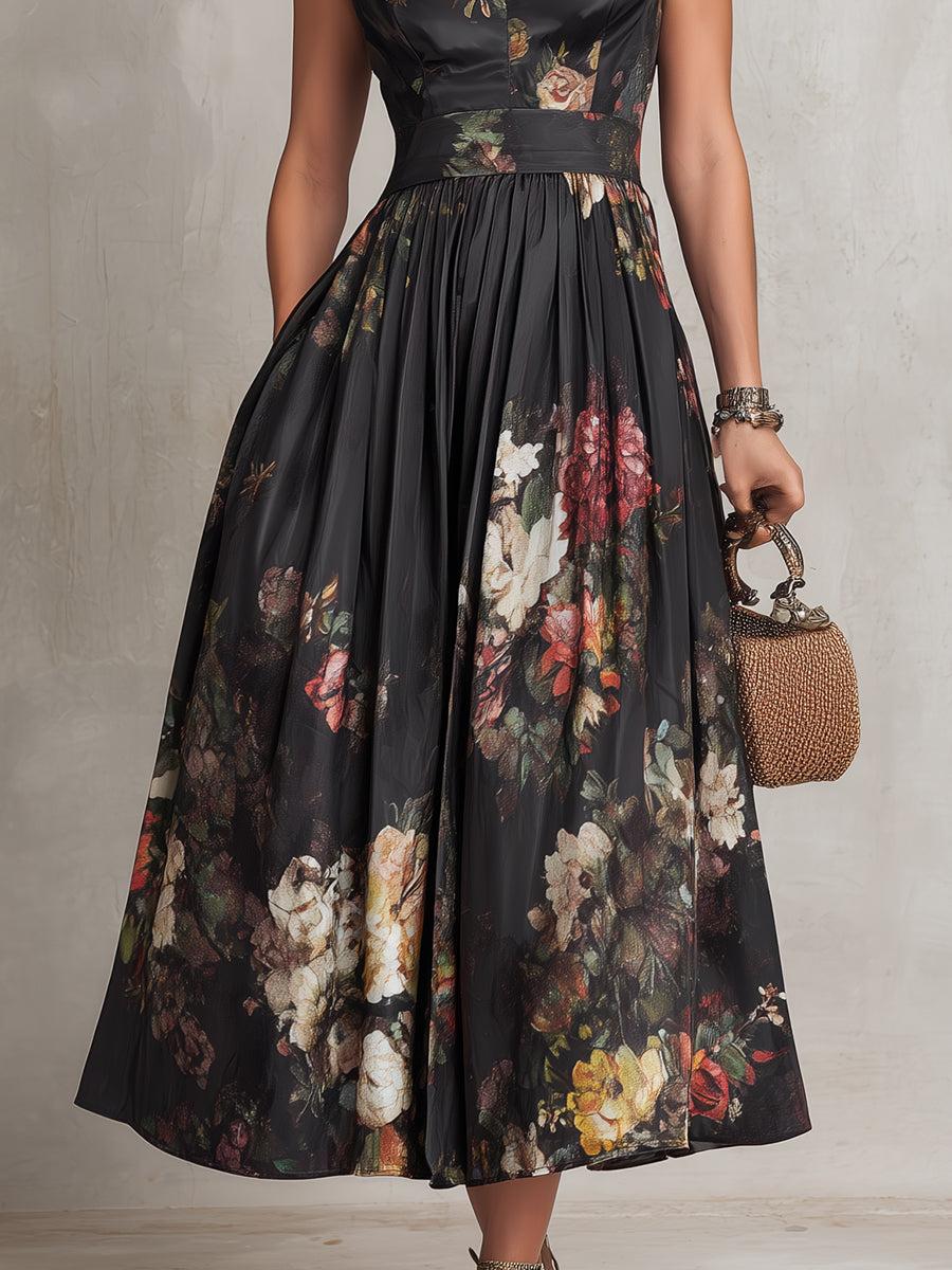 Violeta | Vestido de largo medio de satén negro plisado con estampado floral y escote lágrima