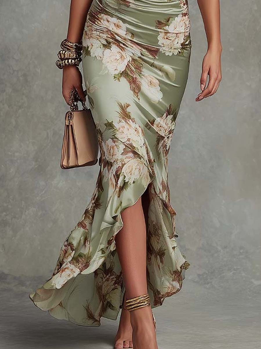Lucía | Vestido largo elegante de satén verde con escote en V
