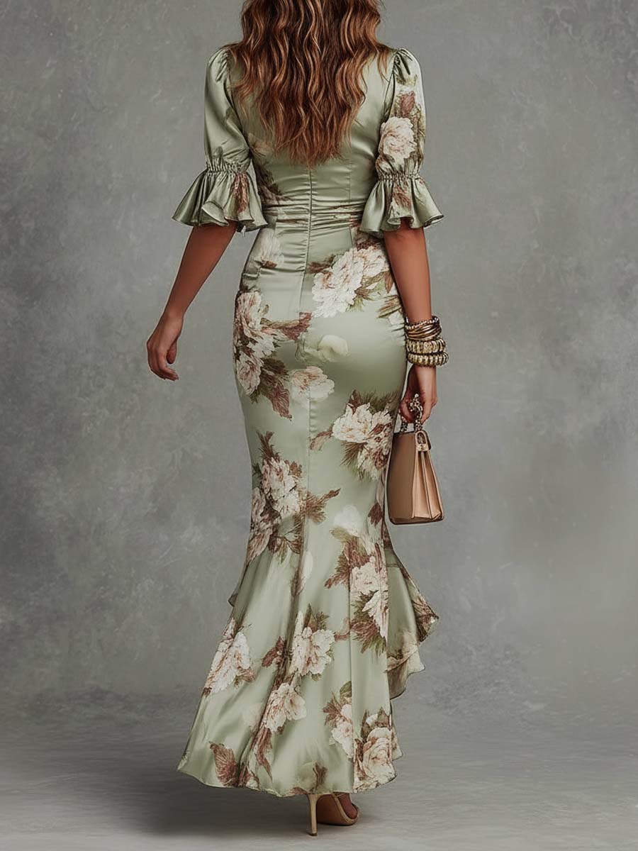 Lucía | Vestido largo elegante de satén verde con escote en V