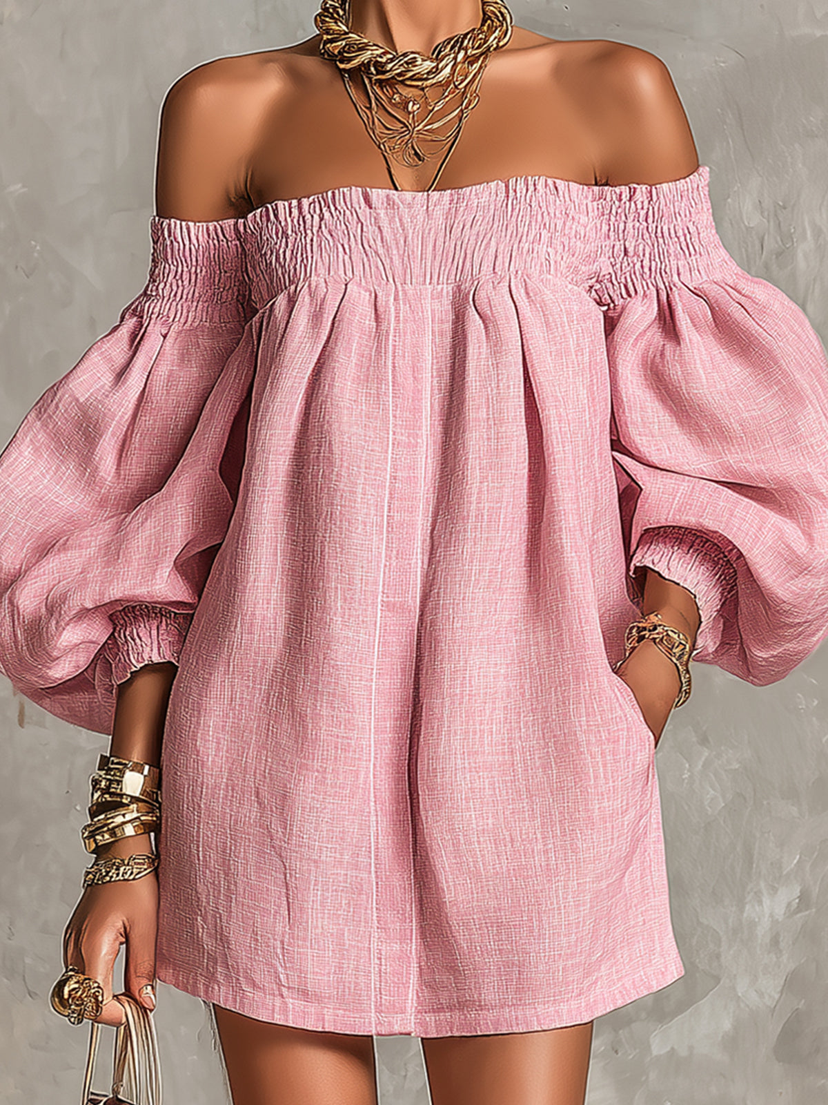 Minivestido Rosa Evasé con Mangas Abullonadas y Hombros Descubiertos