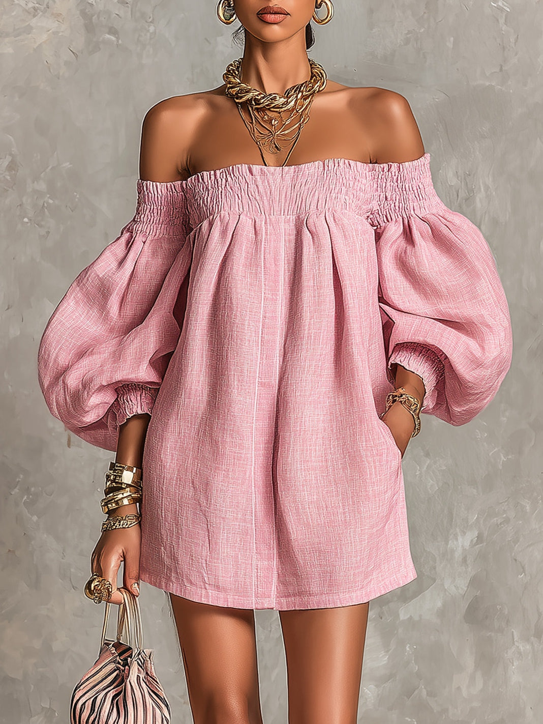 Minivestido Rosa Evasé con Mangas Abullonadas y Hombros Descubiertos