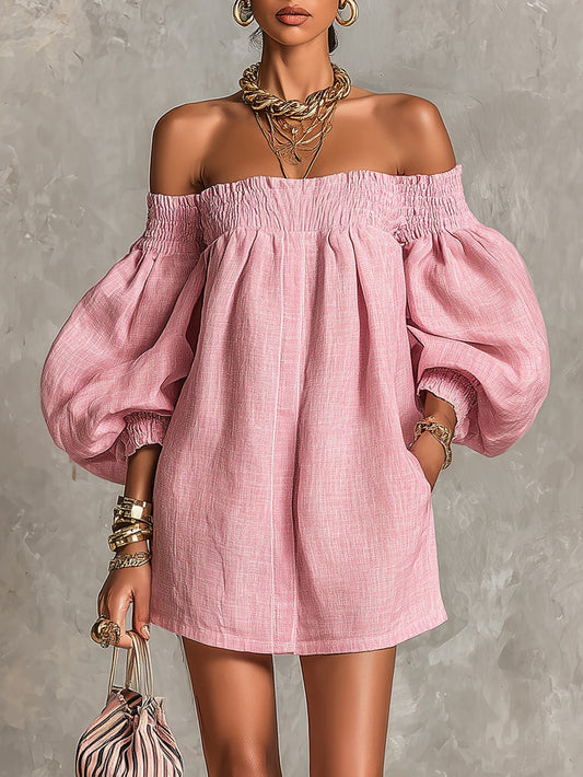 Minivestido Rosa Evasé con Mangas Abullonadas y Hombros Descubiertos
