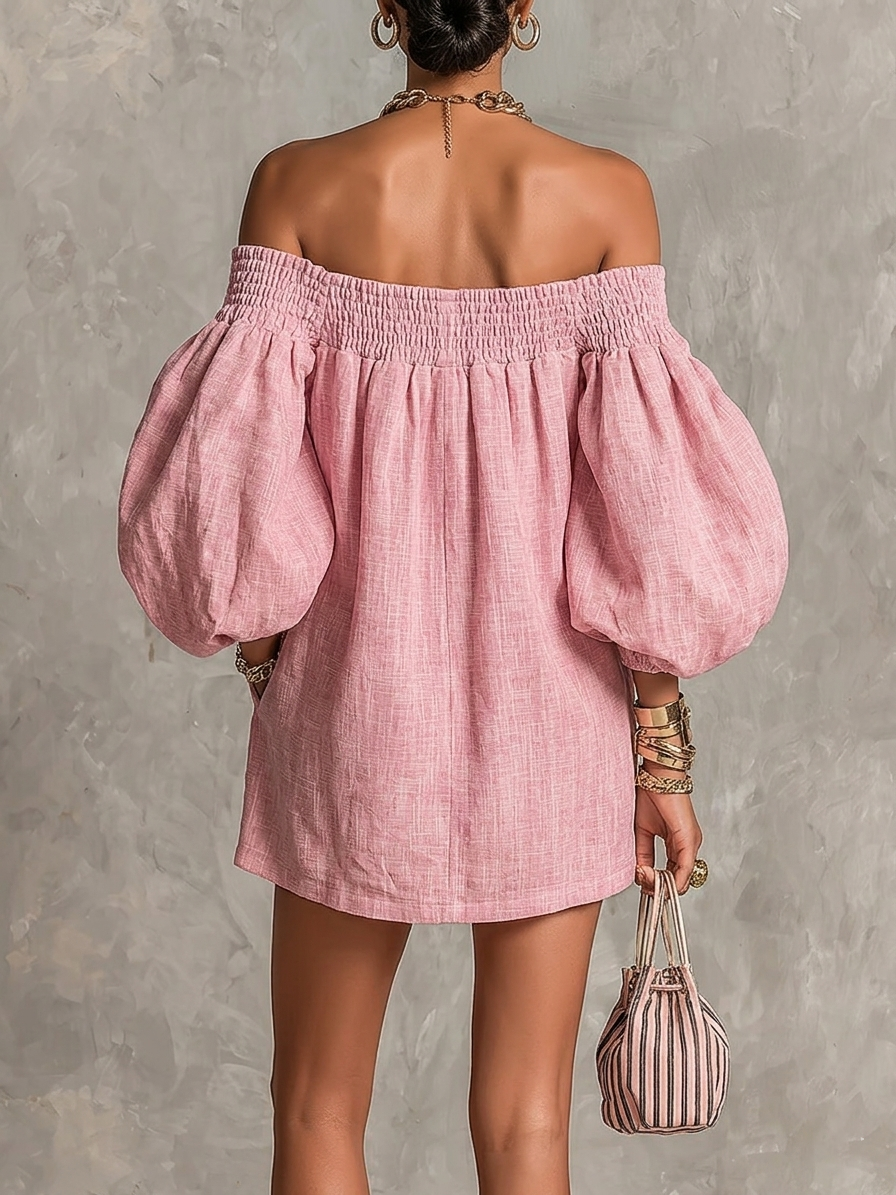 Minivestido Rosa Evasé con Mangas Abullonadas y Hombros Descubiertos