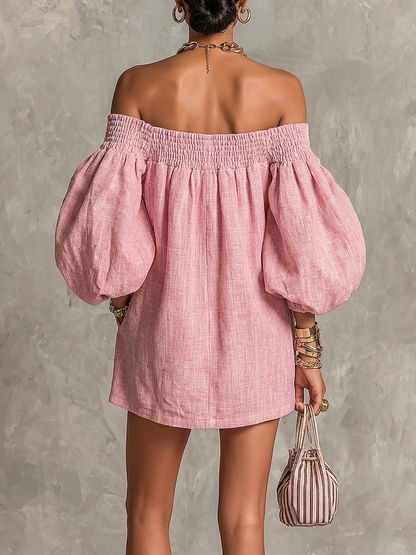 Minivestido Rosa Evasé con Mangas Abullonadas y Hombros Descubiertos