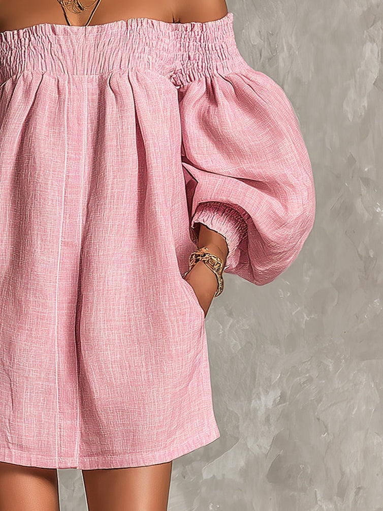 Minivestido Rosa Evasé con Mangas Abullonadas y Hombros Descubiertos