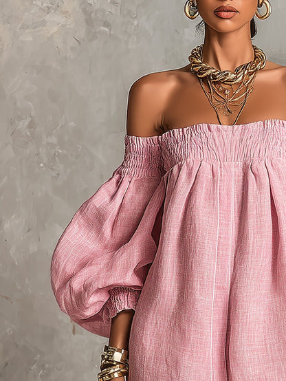 Minivestido Rosa Evasé con Mangas Abullonadas y Hombros Descubiertos