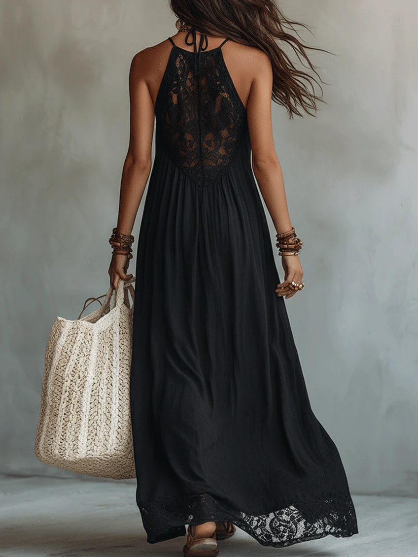 Martina | Vestido largo negro con cuerpo de encaje y falda fluida
