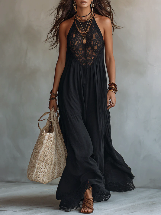 Martina | Vestido largo negro con cuerpo de encaje y falda fluida