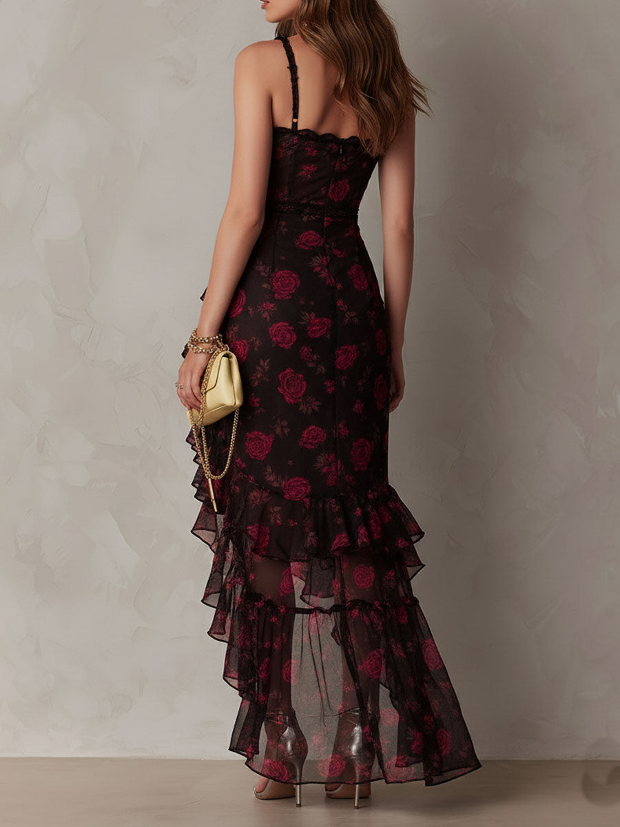 Ana| Vestido corto drapeado con estampado floral en negro y rojo y bajo con volantes
