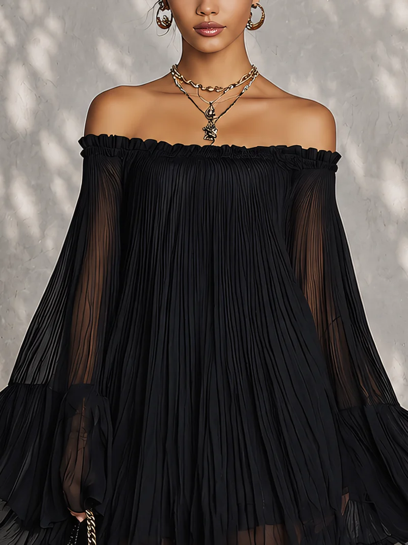 Minivestido Negro con Mangas Acampanadas y Hombros Descubiertos Fruncidos